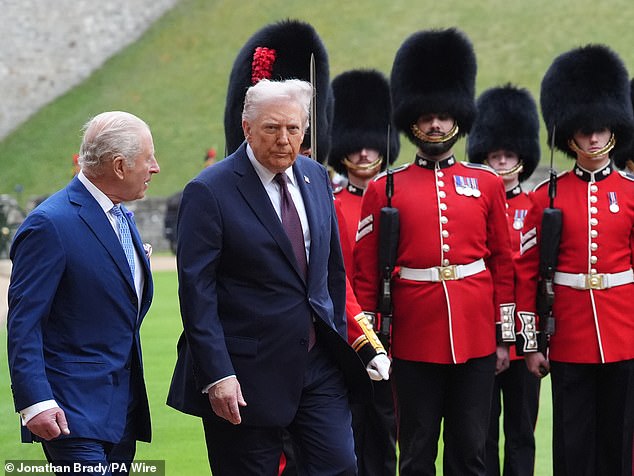 King Charles III and US President Donald Trump review the guard of honour at Windsor Castle,