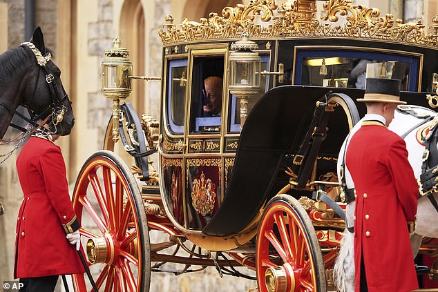President Donald Trump and King Charles III arrive in the Irish State Coach at Windsor today