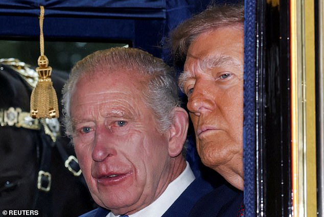 King Charles III and President Donald Trump ride in a carriage during a procession today