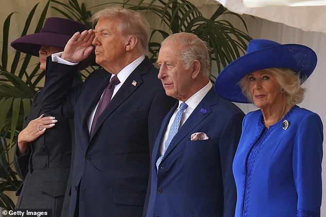 President Donald Trump salutes as he stands beside King Charles III and Queen Camilla