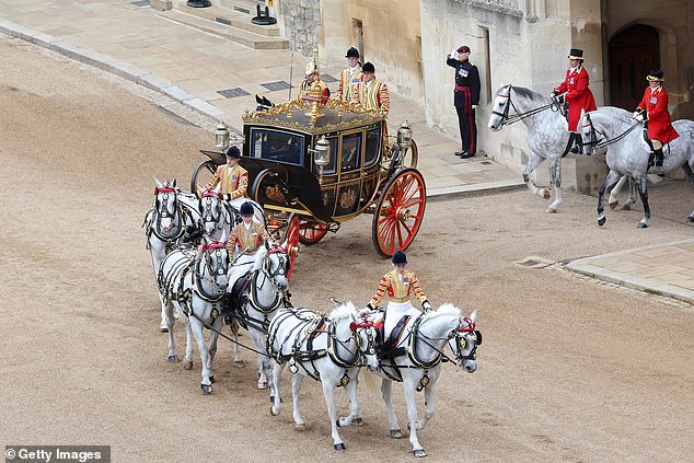 President Donald Trump and King Charles III arrive in the Irish State Coach at Windsor today
