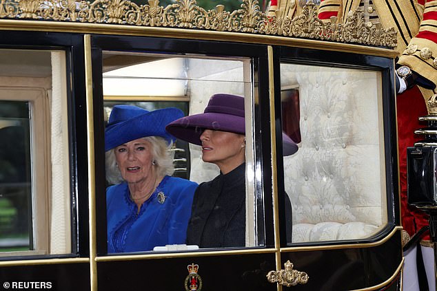 Queen Camilla and Melania Trump during today's carriage procession in Windsor