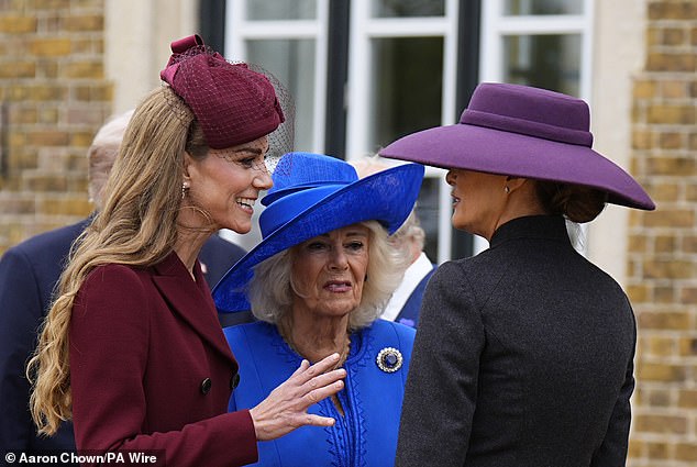 The Princess of Wales, Queen Camilla and First Lady Melania Trump in Windsor this afternoon