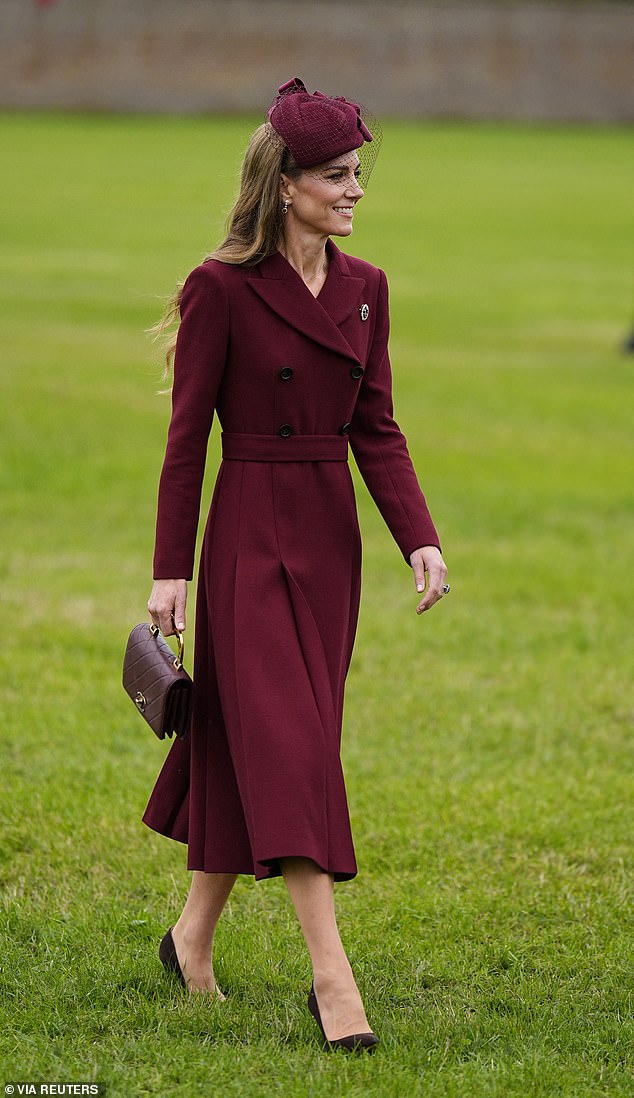 The Princess of Wales walks during the arrival of President Donald Trump this afternoon