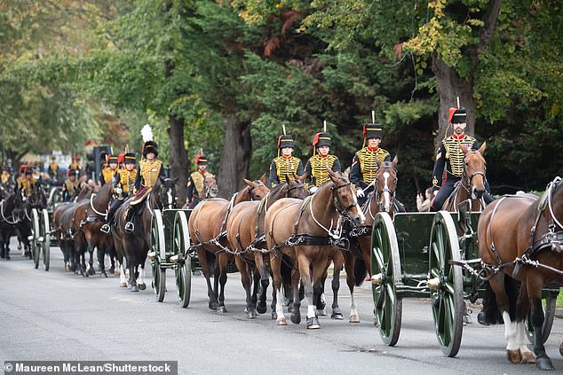 The King's Troop Royal Horse Artillery and their gun carriages ride through Windsor today