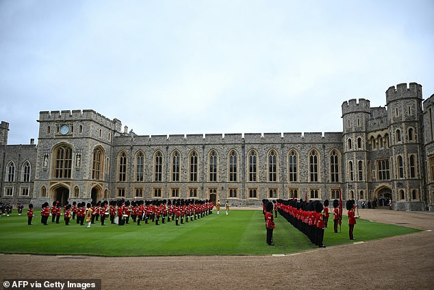 The guard of honour waits for the ceremonial welcome in the Quadrangle at Windsor Castle