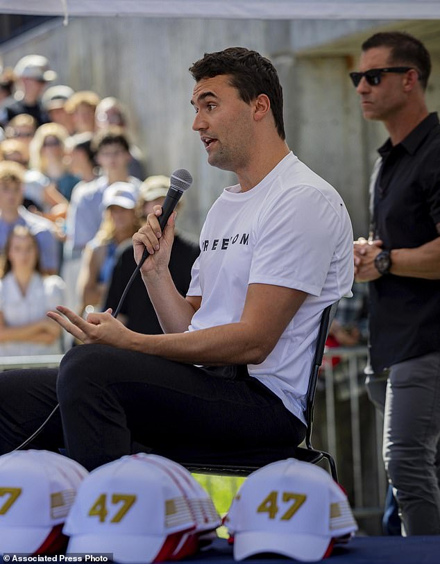 Kirk is seen speaking just before he was fatally shot last week on campus