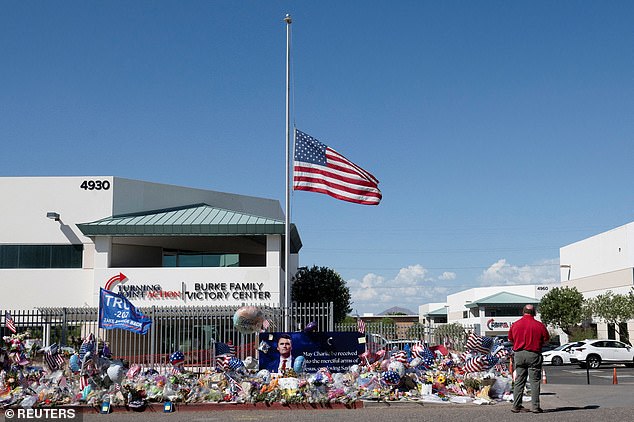 A growing memorial is seen outside the building in honor of Turning Point USA's founder Charlie Kirk