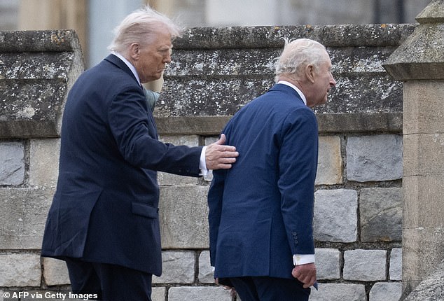 Mr Trump tenderly places his hand on the back of his 'long-time friend' King Charles as they leave the Beating Retreat