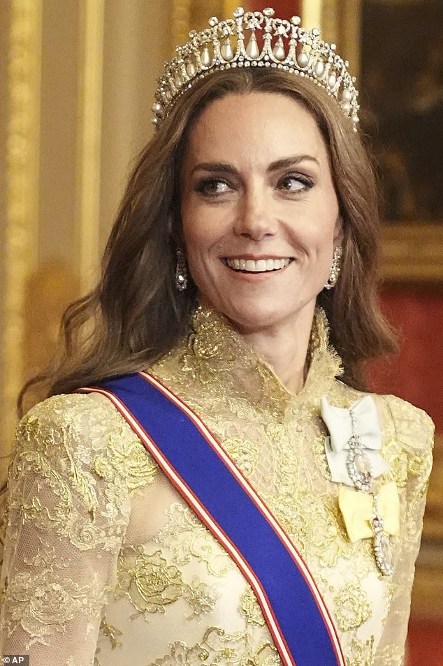 The royal (pictured) wore her newly bronde tresses loose underneath the famous Lover's Knot tiara that once belonged to Diana, Princess of Wales