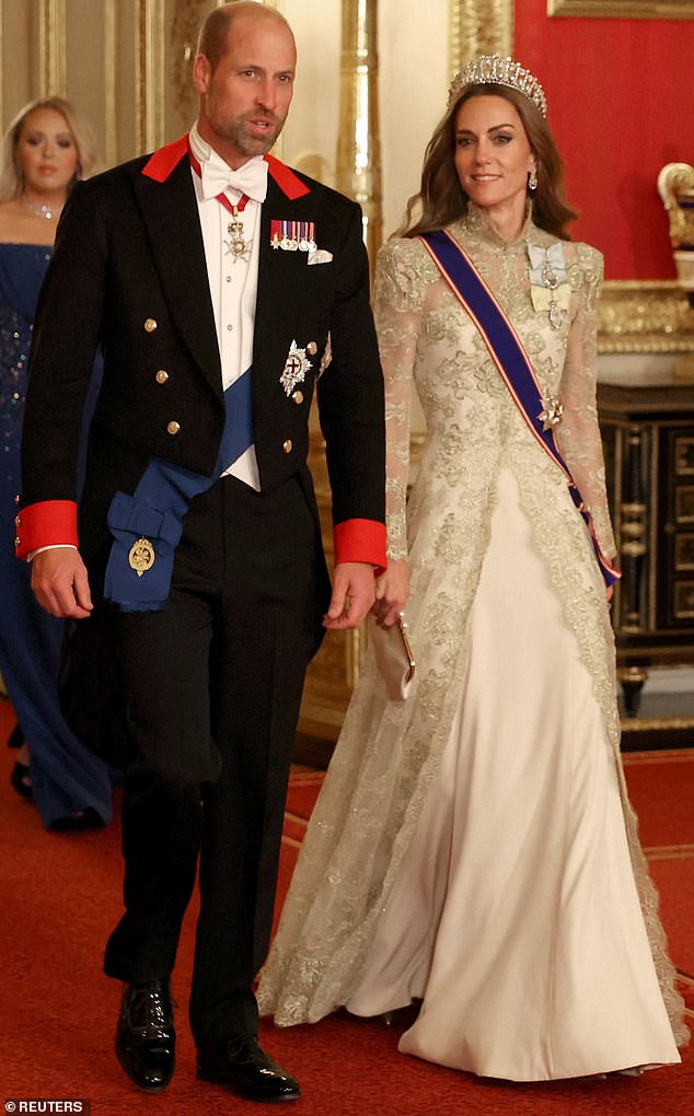 The Prince of Wales (pictured, left) and the Princess of Wales (pictured, right) are seen attending Wednesday's state banquet at Windsor Castle