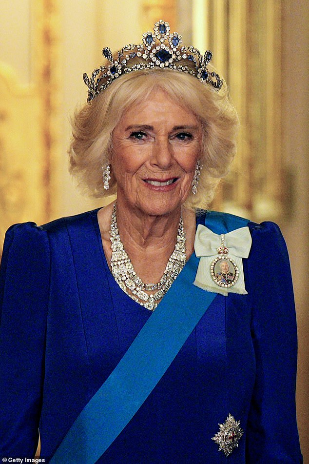 On Wednesday evening, Queen Camilla opted to wear the Belgian sapphire tiara, a dazzling diamond bandeau that dates back to 1932