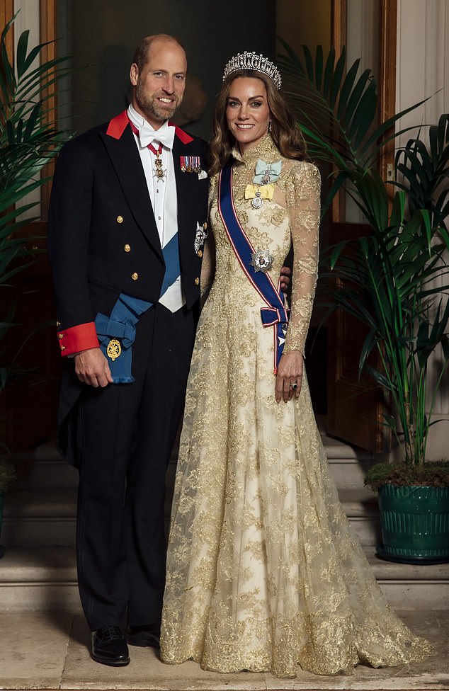 Kate (pictured alongside William) Looked breathtakingly elegant in a structured Phillipa Lepley silk crepe gown underneath a hand-embroidered gold Chantilly lace evening coat