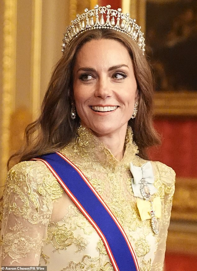 Princess Kate wowed in a gold lace dress at Wednesday's state banquet for President Donald Trump at Windsor Palace