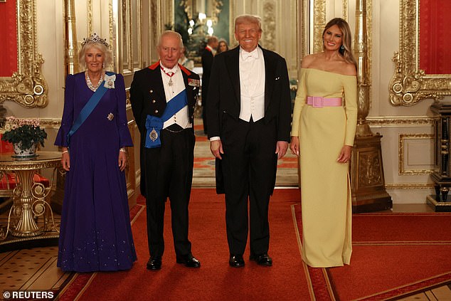 President Donald Trump (center right) attended a state banquet at Windsor Castle with First Lady Melania at his side (right) hosted by King Charles (center left) and Queen Camilla (left)