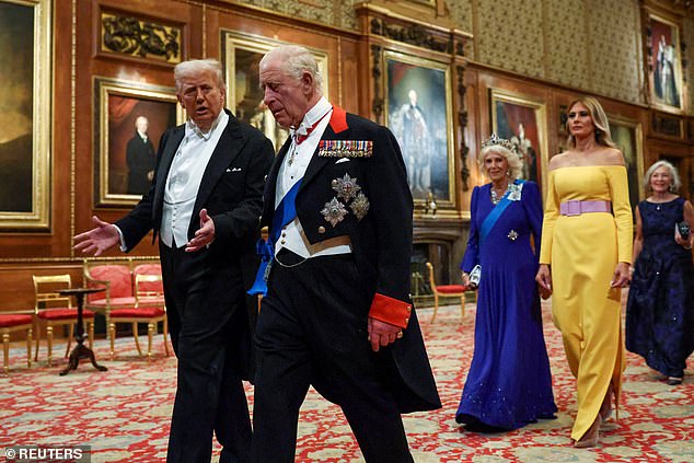 President Donald Trump, first lady Melania Trump, Britain's King Charles and Queen Camilla walk to attend the State Banquet at Windsor Castle