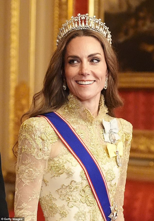 WINDSOR, ENGLAND - SEPTEMBER 17: Catherine, Princess of Wales arrives for the State Banquet hosted by King Charles III and members of the Royal Family at Windsor Castle during the state visit by the President of the United States of America on September 17, 2025 in Windsor, England. President Trump is in England from Sept. 16-18 on his second UK state visit, with the previous one taking place in 2019 during his first presidential term.  (Photo by Aaron Chown-WPA Pool/Getty Images)