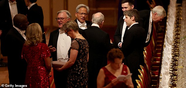 WINDSOR, ENGLAND - SEPTEMBER 17:  UK Foreign Secretary Yvette Cooper (4th L) husband Ed Balls, (3rd L) Jensen Huang, Nvidia CEO (C) and other guests arrive for the State Banquet hosted by King Charles III and members of the Royal Family at Windsor Castle during the state visit by the President of the United States of America on September 17, 2025 in Windsor, England. President Trump is in England from Sept. 16-18 on his second UK state visit, with the previous one taking place in 2019 during his first presidential term.  (Photo by Phil Noble-WPA Pool/Getty Images)