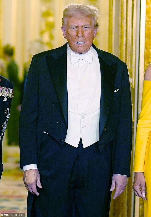 U.S. President Donald Trump and First Lady Melania Trump arrive for the state banquet at Windsor Castle, Berkshire, on day one of US President Donald Trump and First Lady Melania Trump's second state visit to the UK, Wednesday September 17, 2025.    Aaron Chown/Pool via REUTERS