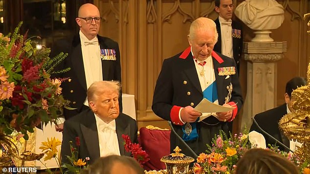 Britain's King Charles III and US President Donald Trump  as they attend a State Banquet at Windsor Castle, in Windsor, on September 17, 2025, during the US President's second State Visit.