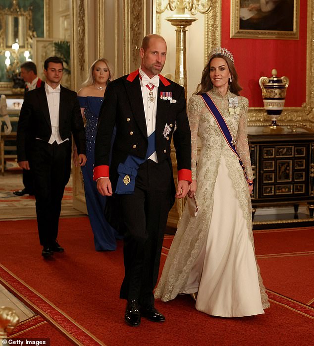WINDSOR, ENGLAND - SEPTEMBER 17: Britain's William, Prince of Wales and Catherine, Princess of Wales walk to attend the State Banquet at Windsor Castle during the State visit by the President of the United States of America on September 17, 2025 in Windsor, England. President Trump is in England from Sept. 16-18 on his second UK state visit, with the previous one taking place in 2019 during his first presidential term. (Photo by Phil Noble -  WPA Pool/Getty Images)