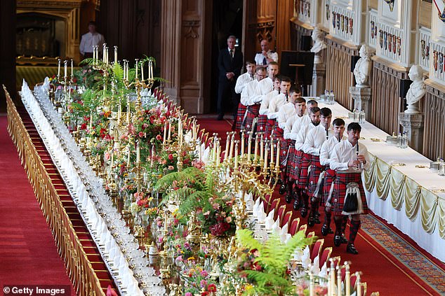 WINDSOR, ENGLAND - SEPTEMBER 17: Members of the The 1st Battalion The Scots Guards practice before state banquet for the state visit by the President of the United States of America in St. Georges Hall at Windsor Castle on September 17, 2025 in Windsor, England. President Trump is in England from Sept. 16-18 on his second UK state visit, with the previous one taking place in 2019 during his first presidential term. (Photo by Anna Moneymaker/Getty Images)