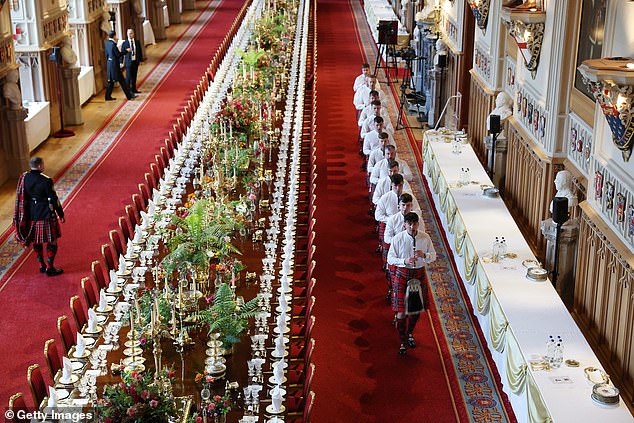 WINDSOR, ENGLAND - SEPTEMBER 17: Members of the The 1st Battalion The Scots Guards practice before state banquet for the state visit by the President of the United States of America in St. Georges Hall at Windsor Castle on September 17, 2025 in Windsor, England. President Trump is in England from Sept. 16-18 on his second UK state visit, with the previous one taking place in 2019 during his first presidential term. (Photo by Anna Moneymaker/Getty Images)