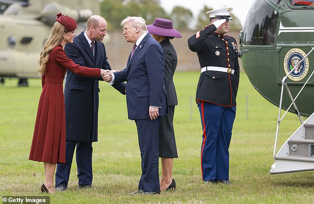 WINDSOR, ENGLAND - SEPTEMBER 17: Catherine, Princess of Wales (L) and Prince William, Prince of Wales (2nd L) welcome US President Donald Trump and First Lady Melania Trump to Windsor Castle with on day two of the US President Donald Trump's second state visit to the UK on September 17, 2025 in Windsor, England. (Photo by Ian Vogler - WPA Pool/Getty Images)