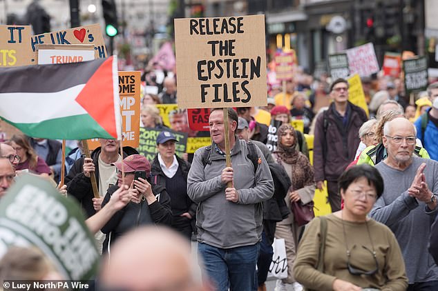 Stop Trump Coalition campaigners take part in a protest march from Portland Place to Parliament Square in London, on day one of the US President's second state visit to the UK. Picture date: Wednesday September 17, 2025. PA Photo. Photo credit should read: Lucy North/PA Wire
