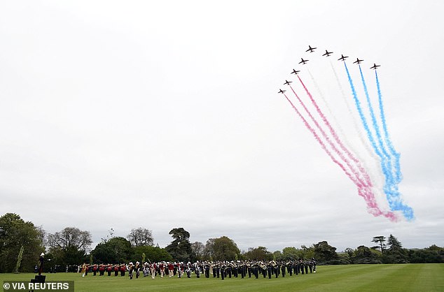 The RAF Red Arrows perform a flypast during a Beating Retreat military ceremony at Windsor Castle, Berkshire, on day one of the US President Donald Trump's second state visit to the UK. Picture date: Wednesday September 17, 2025. Andrew Matthews/Pool via REUTERS