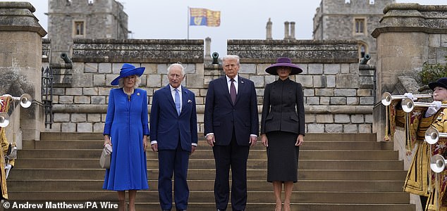 (left to right) Queen Camilla, King Charles III, US President Donald Trump and First Lady Melania Trump arrive for the Beating Retreat military ceremony at Windsor Castle, Berkshire, on day one of the president's second state visit to the UK. Picture date: Wednesday September 17, 2025. PA Photo. Photo credit should read: Andrew Matthews/PA Wire