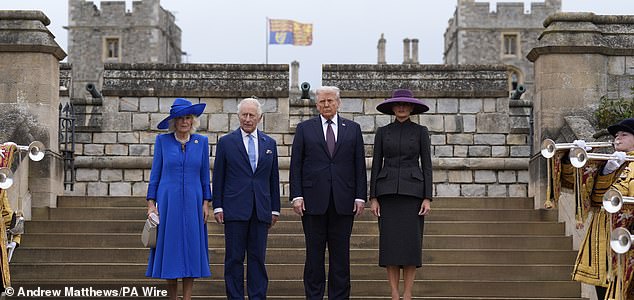 (left to right) Queen Camilla, King Charles III, US President Donald Trump and First Lady Melania Trump arrive for the Beating Retreat military ceremony at Windsor Castle, Berkshire, on day one of the president's second state visit to the UK. Picture date: Wednesday September 17, 2025. PA Photo. Photo credit should read: Andrew Matthews/PA Wire