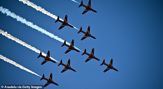 HECHTEL, BELGIUM - SEPTEMBER 14: The Red Arrows display team of the Royal Air Force performs during the 45th International Sanicole Airshow organized by Aeroclub Sanicole in Hechtel, Belgium, on September 14, 2025. (Photo by Dursun Aydemir/Anadolu via Getty Images)