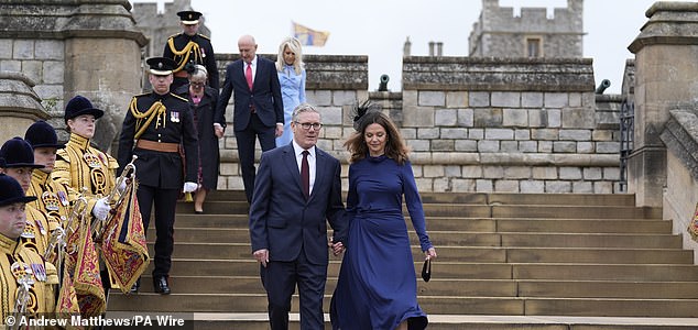 Prime Minister Sir Keir Starmer and wife, Lady Victoria Starmer, arrive for the Beating Retreat military ceremony at Windsor Castle, Berkshire, on day one of the US President Donald Trump's second state visit to the UK. Picture date: Wednesday September 17, 2025. PA Photo. Photo credit should read: Andrew Matthews/PA Wire