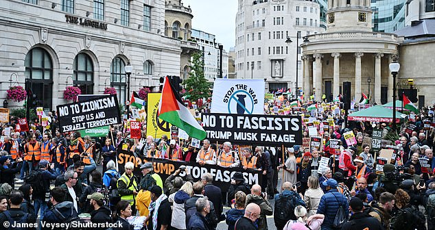 Mandatory Credit: Photo by James Veysey/Shutterstock (15488784f) Protesters demonstrate against Donald Trump's state visit in Portland place Anti-Trump protest, London, UK - 17 Sep 2025