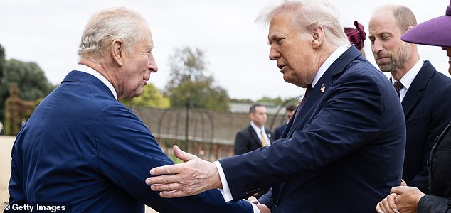 WINDSOR, ENGLAND - SEPTEMBER 17: US President Donald Trump is welcomed to Windsor Castle by King Charles III on day two of the US President Donald Trump's second state visit to the UK on September 17, 2025 in Windsor, England. (Photo by Ian Vogler - WPA Pool/Getty Images)