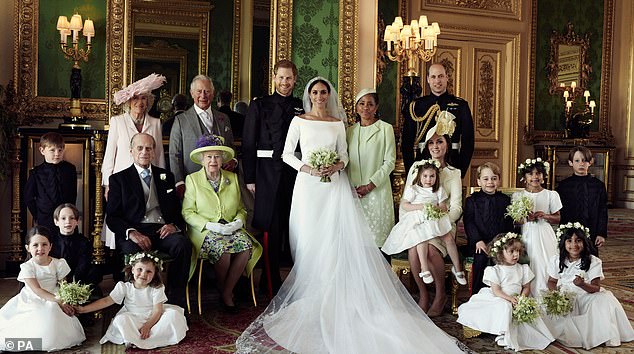 NEWS EDITORIAL USE ONLY. NO COMMERCIAL USE. NO MERCHANDISING, ADVERTISING, SOUVENIRS, MEMORABILIA or COLOURABLY SIMILAR. NOT FOR USE AFTER 31 DECEMBER 2018 WITHOUT PRIOR PERMISSION FROM KENSINGTON PALACE. NO CROPPING. Copyright in the photograph is vested in The Duke and Duchess of Sussex. Publications are asked to credit the photograph to Alexi Lubomirski. No charge should be made for the supply, release or publication of the photograph. The photograph must not be digitally enhanced, manipulated or modified in any manner or form and must include all of the individuals in the photograph when published. This official wedding photograph released by the Duke and Duchess of Sussex shows The Duke and Duchess in The Green Drawing Room, Windsor Castle, with (left-to-right): Back row: Master Jasper Dyer, the Duchess of Cornwall, the Prince of Wales, Ms. Doria Ragland, The Duke of Cambridge; middle row: Master Brian Mulroney, the Duke of Edinburgh, Queen Elizabeth II, the Duchess of Cambridge,