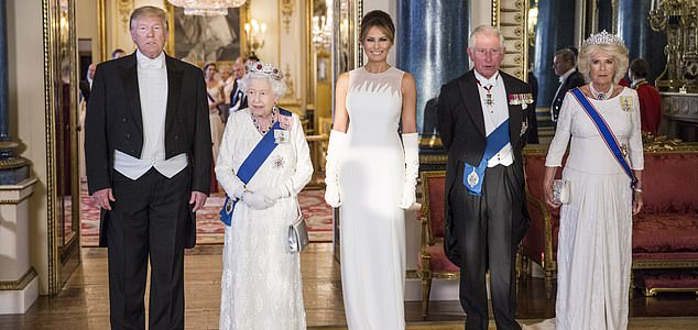 File photo dated 03/06/19 of  (left to right) US President Donald Trump, Queen Elizabeth II, Melania Trump, the then Prince of Wales and the then Duchess of Cornwall, during a group photo ahead of the State Banquet at Buckingham Palace, London. Donald Trump will be wined and dined at a sumptuous white tie state banquet in Windsor Castle on Wednesday evening. Issue date: Tuesday September 16, 2025. PA Photo. Royal hospitality at its most meticulous and lavish will be deployed in honour of the controversial US president and First Lady Melania Trump as they join some 160 guests in the impressive St George's Hall for the extravagant feast. Photo credit should read: Jeff Gilbert/Daily Telegraph/PA Wire