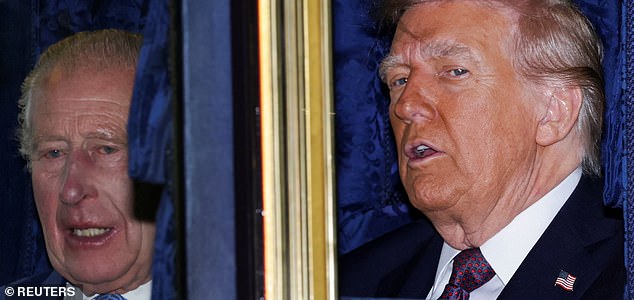 Britain's King Charles and U.S. President Donald Trump sit in a carriage during a procession through Windsor Castle, in Windsor, Britain, September 17, 2025. REUTERS/Toby Melville/Pool