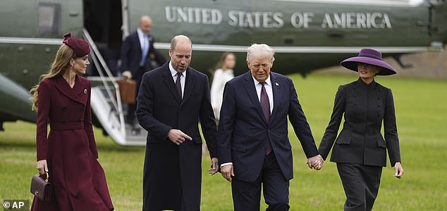 Britain's Prince William and Kate, Princess of Wales, left, receive President Donald Trump and first lady Melania Trump at Windsor Castle in Windsor, England, Wednesday Sept. 17, 2025. (Aaron Chown/Pool Photo via AP)