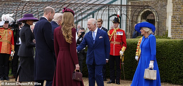 King Charles III and Queen Camilla (right) receive US President Donald Trump and First Lady Melania Trump (left) as the Prince and Princess of Wales look on, as they arrive at Windsor Castle in Windsor, Berkshire, on day one of their second state visit to the UK. Picture date: Wednesday September 17, 2025. PA Photo. Photo credit should read: Aaron Chown/PA Wire