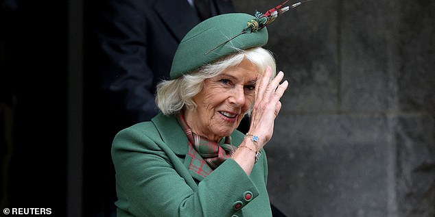 FILE PHOTO: Britain's Queen Camilla departs from Crathie Kirk after attending the church service in Crathie, near Balmoral, Scotland, Britain, September 7, 2025. REUTERS/Russell Cheyne/File Photo