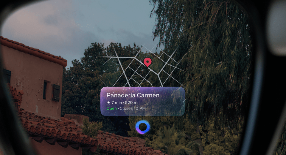 Augmented reality glasses showing directions to Panadería Carmen, 7 min and 520m away, open until 10 PM.