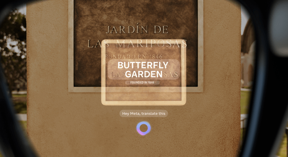 A digital overlay translates Spanish text on a sign to "Butterfly Garden, Founded in 1846".