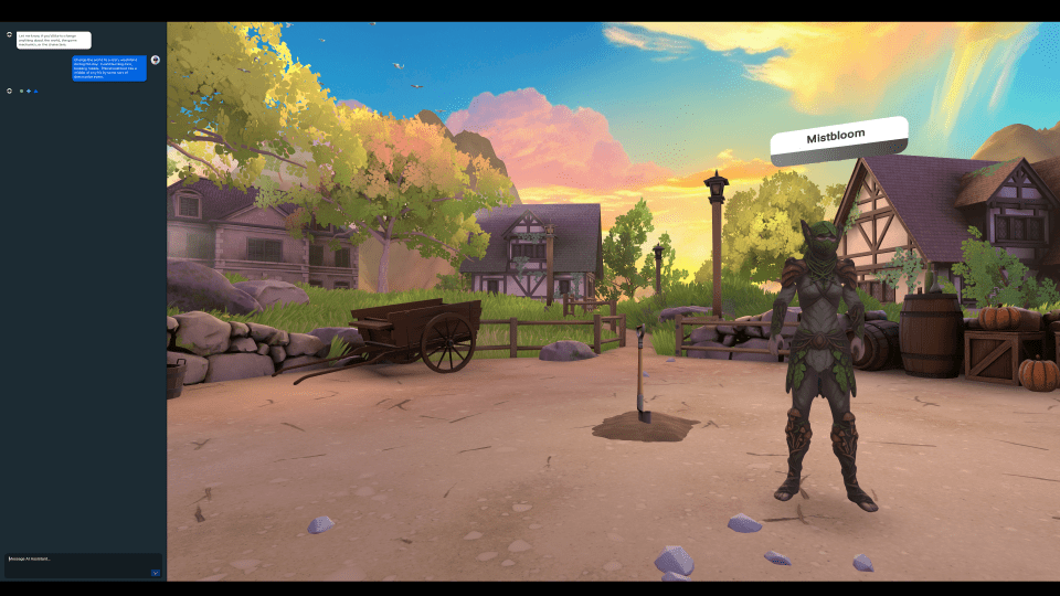 Illustration of a fantasy village scene with an AI assistant chat interface.