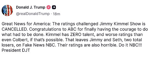 Trump also called for two of Kimmel's network rivals, Jimmy Fallon and Seth Meyers to be fired