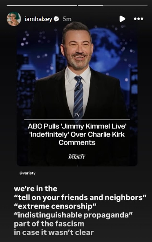 Stars have since shared their thoughts over Kimmel being taking off the air, with singer Halsey reposting the news to her Instagram stories