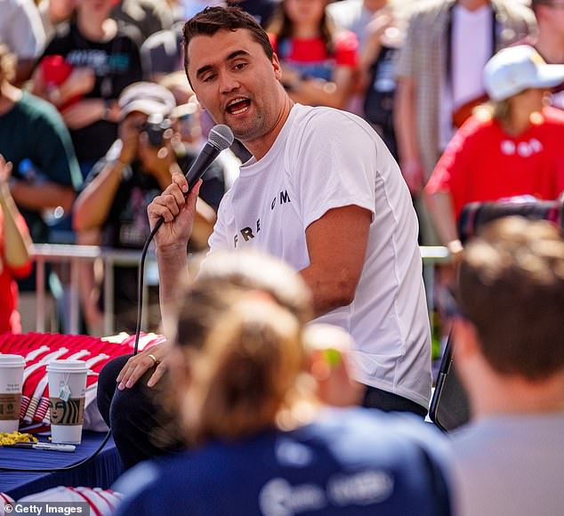 The talk show host made controversial statements about Kirk on Monday following his assassination last week at Utah Valley University - and said during his monologue that the 'MAGA gang' was trying to gain political points over Kirk's murder; Kirk seen last week in Utah