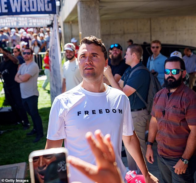 Kirk, 31, was debating with students at Utah Valley University last week (pictured) when he was shot in the neck