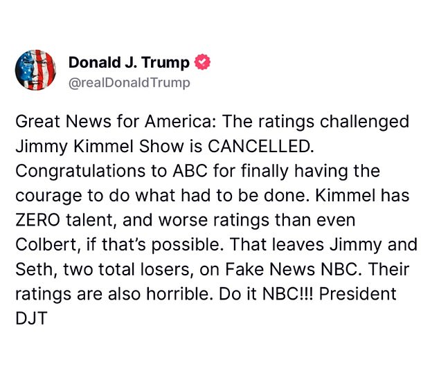 President Donald Trump responded to the news of Kimmel's cancellation on Truth Social, stating that Kimmel has 'zero talent'